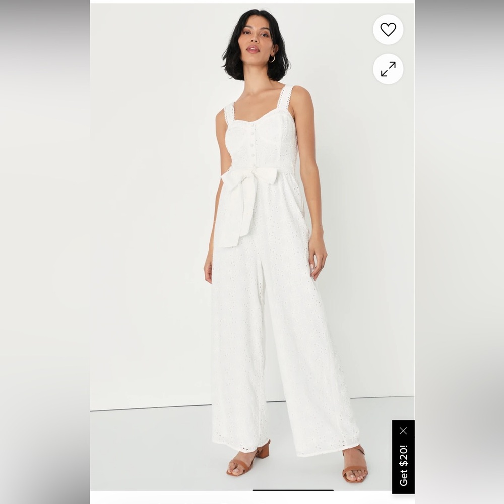 LuLus Sweetest Angel Ivory Eyelet Embroidered Tie-Front Jumpsuit. Size Large.